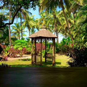 a gazebo in the middle of a tropical garden